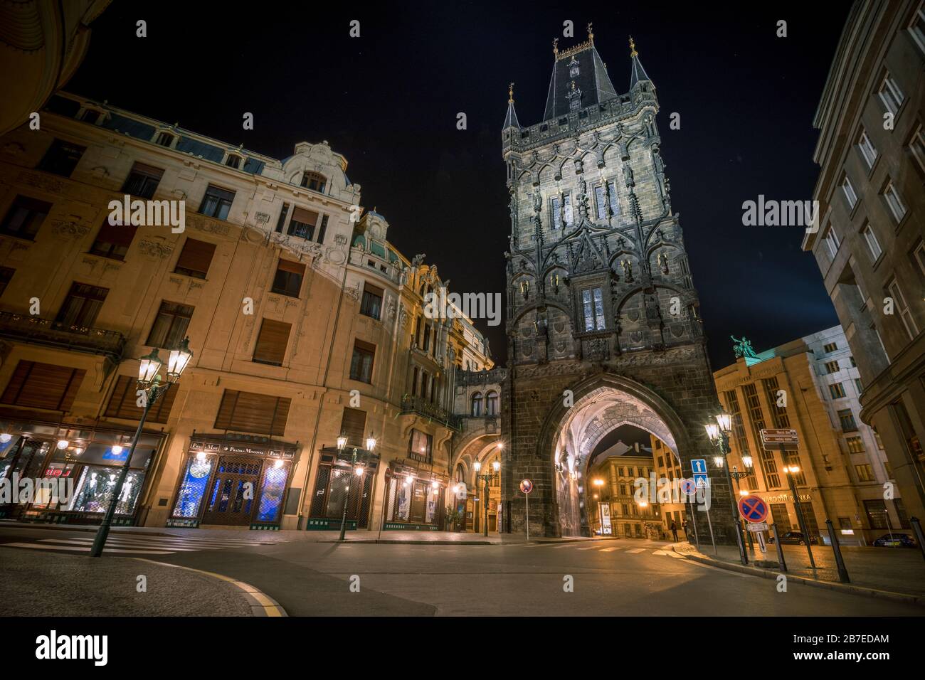 View on Powder Tower during lockdown,coronavirus outbreak, in the evening with no people on touristy place, Prague, Czech Republic Stock Photo