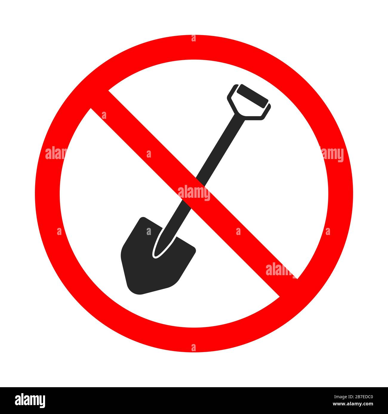 Shovel is forbidden. Digging is forbidden. Red prohibition sign of shovel. No shovel sign on white background. Vector icon isolated. Stock Vector