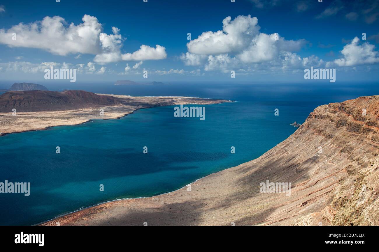 Lanzarote island panorama. High view of La Graciosa archipelago. Stock Photo