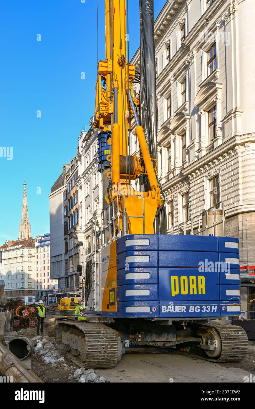 VIENNA, AUSTRIA - NOVEMBER 2019: Large heavy mobile drilling machine working on a street in Vienna city centre Stock Photo