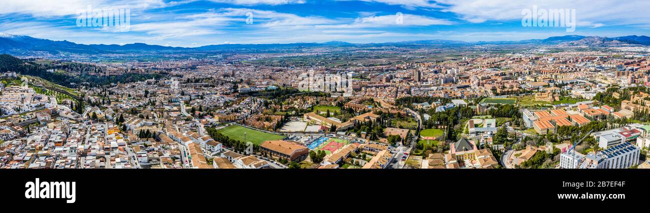Granada city-Alhambra. Panoramic aerial drone view. Spain Andalusia Stock Photo