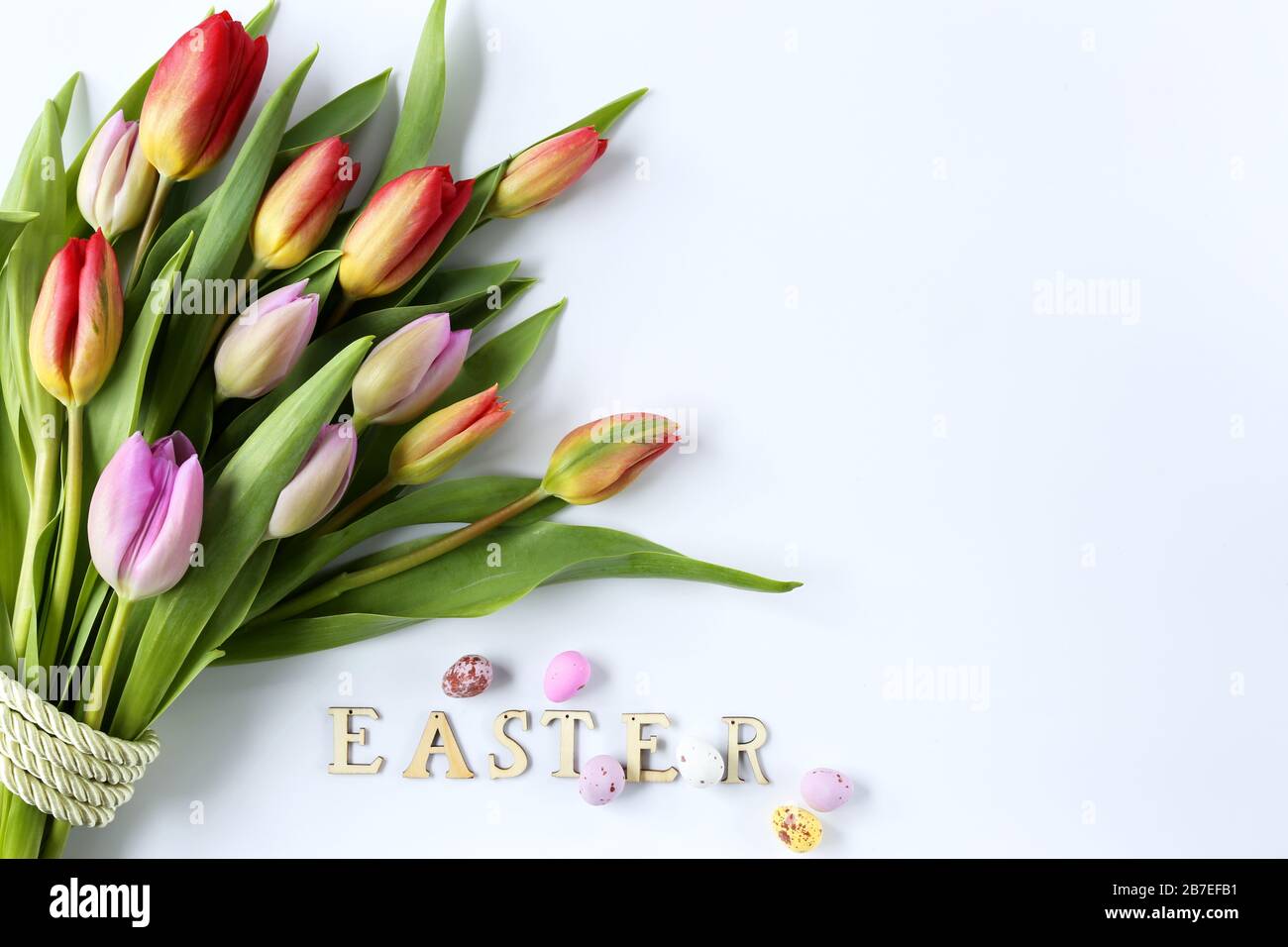 Spring flowers bouquet of multi color tulips with green ribbon for Easter, celebration, congratulations, greetings, Mother day Stock Photo