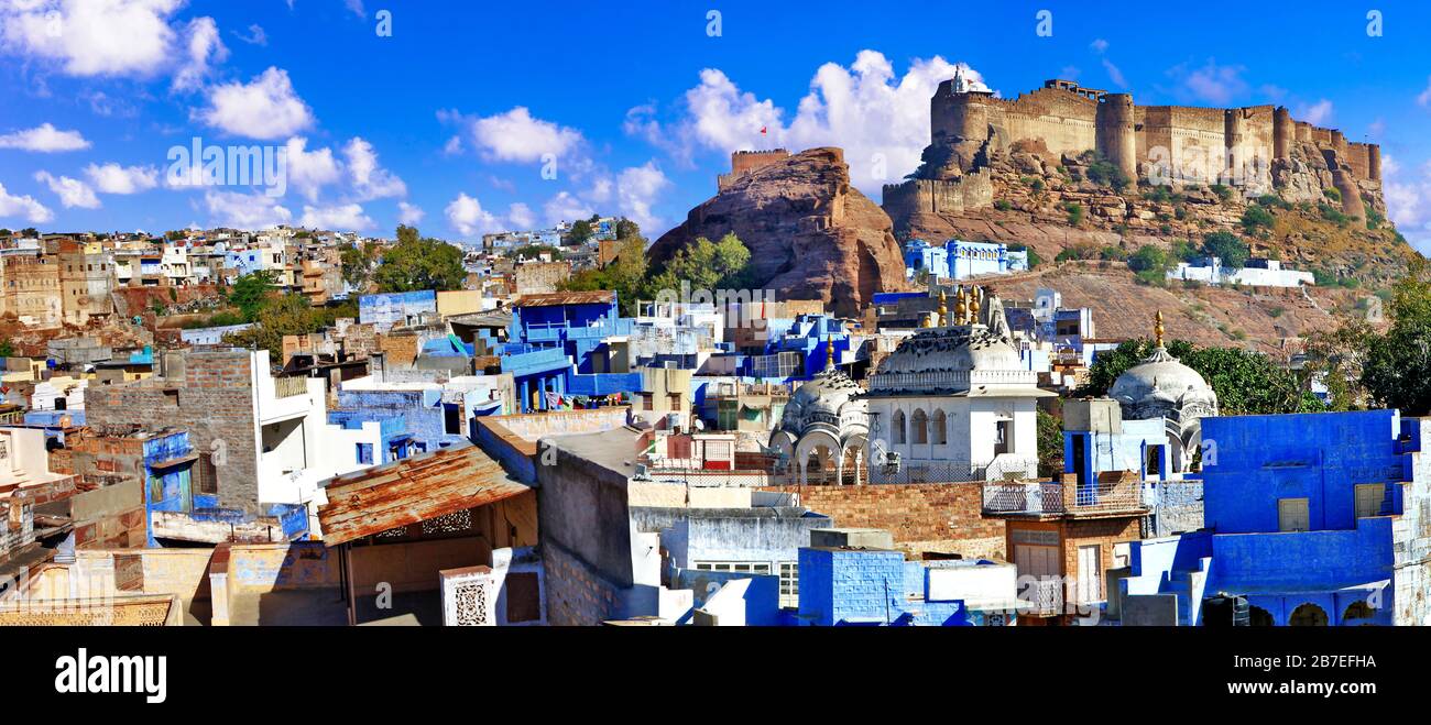 Impressive Jodhpur old town,view with fortress and houses,India. Stock Photo
