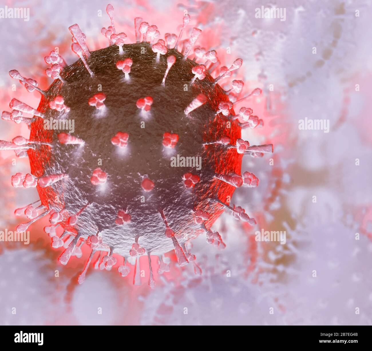 Coronavirus, COVID-19, artistic rendering in bright colors.  Corona virus particles conceptual 3D illustration. Spreading virus, epidemic and pandemic Stock Photo