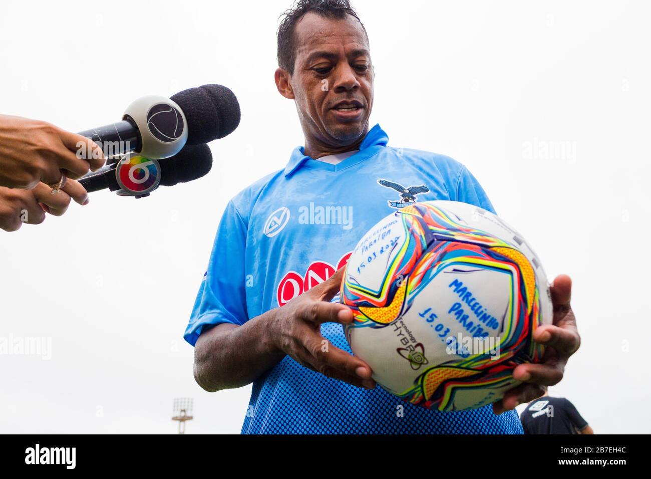 Campina Grande, Brazil. 15th Mar, 2020. Marcelinho Paraíba gives an  interview during a game between Perilima and Centro Sportivo Paraibano  (CSP), held this Sunday afternoon (15th) at the Ernani Sátyro stadium in