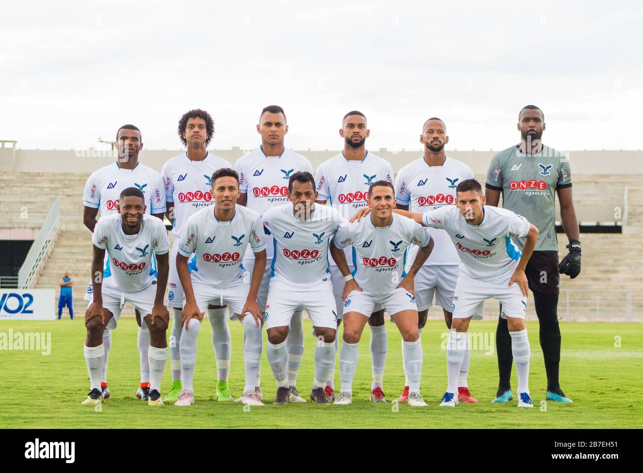 Campina Grande, Brazil. 15th Mar, 2020. Perilima&# starting png players  pose for a photo before the game between Pima and Centro Sportivo Paraibano  (CSP), hel held this Sunday afternoon (15th) at the