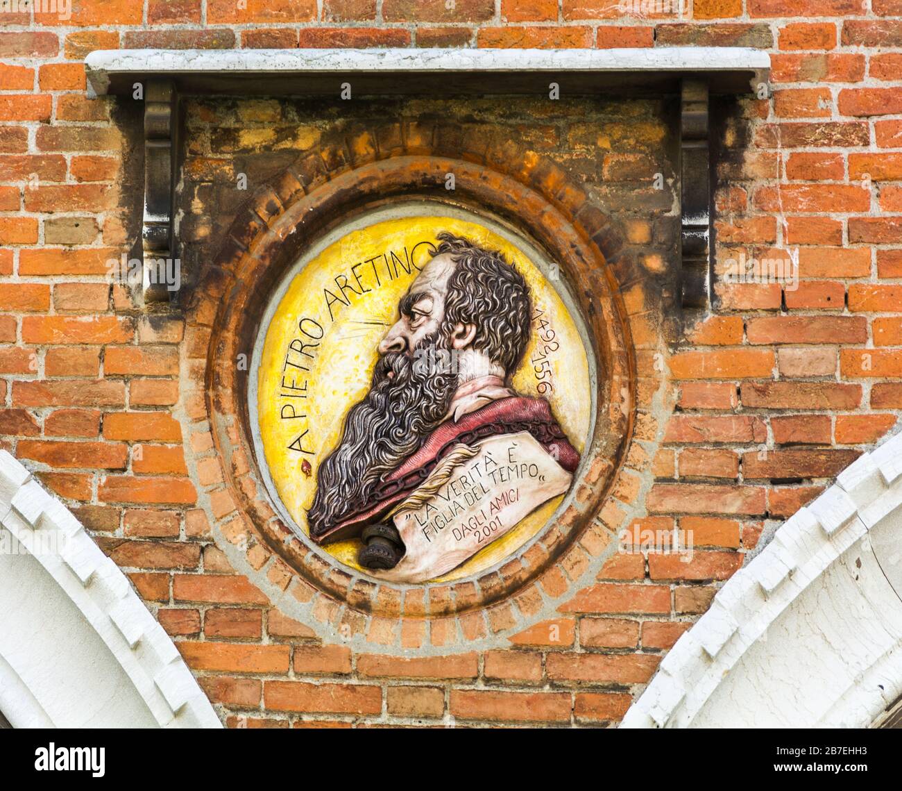Venice, Italy - MAY 17, 2019: ceramic emblem in memory of a Pietro Aretino, late Renaissance writer, satirist, publicist and playwright, leading Itali Stock Photo
