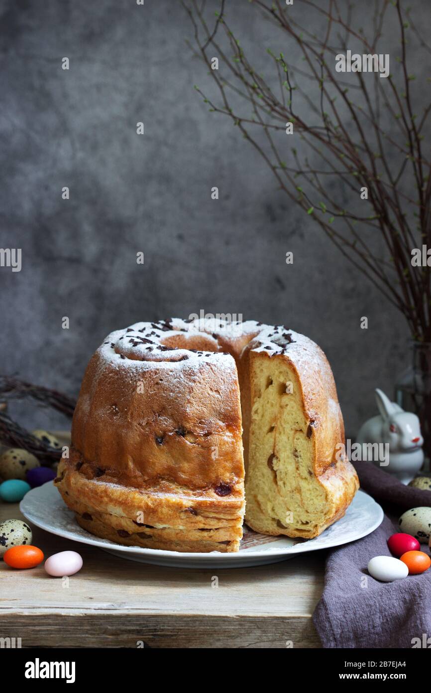 Reindling, german and austrian easter cake in easter decoration. Rustic style. Stock Photo