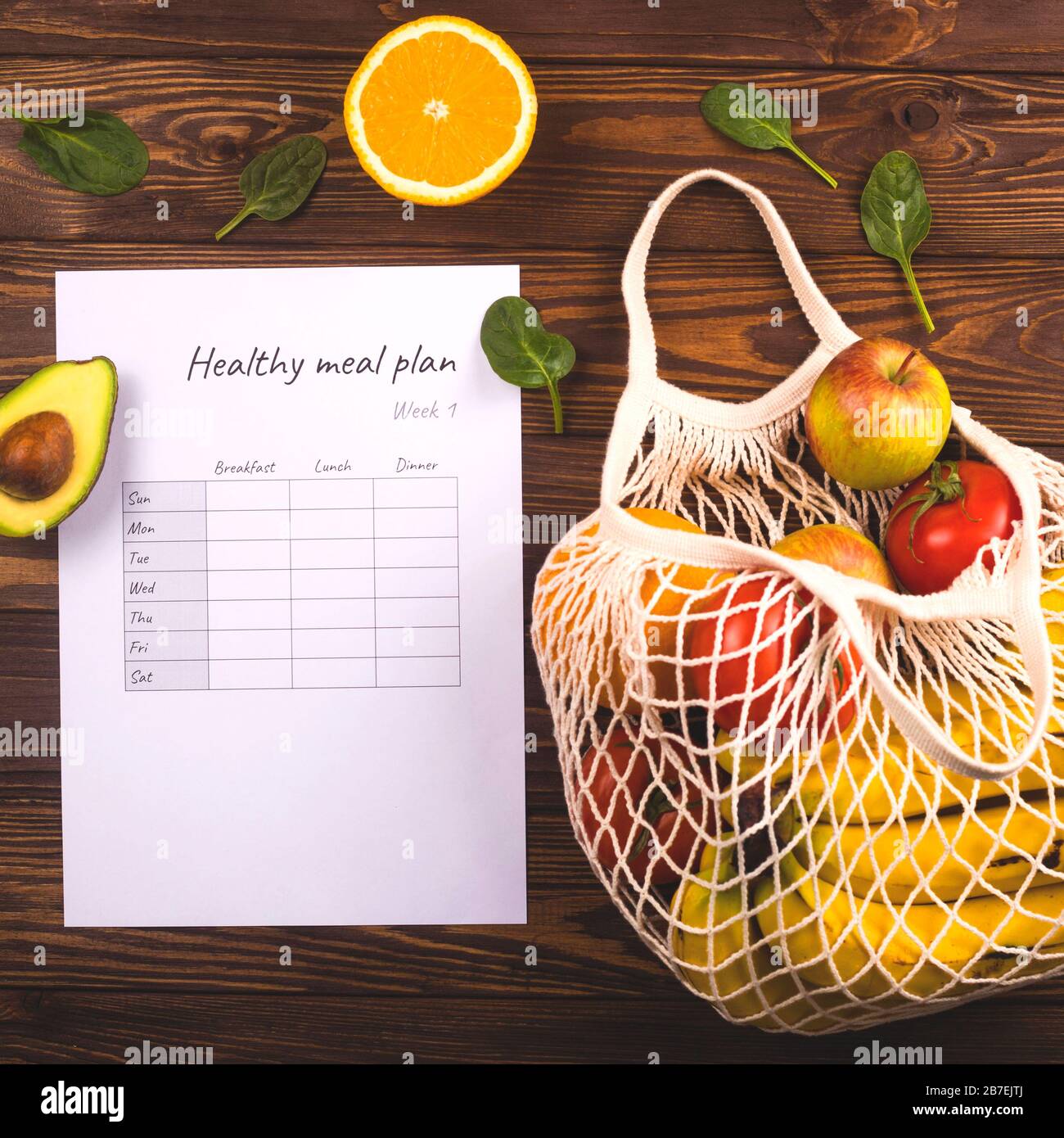 Healthy weekly meal plan among fresh organic fruits and vegetables ...