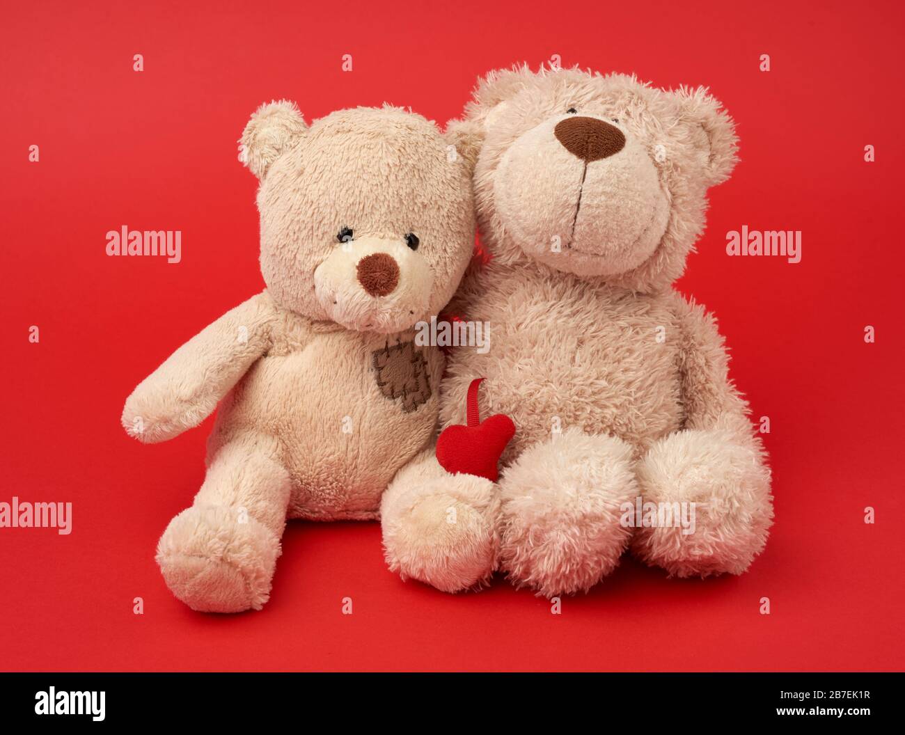 two teddy beige bears sitting huddled together, toys on red background, friendship and love concept Stock Photo