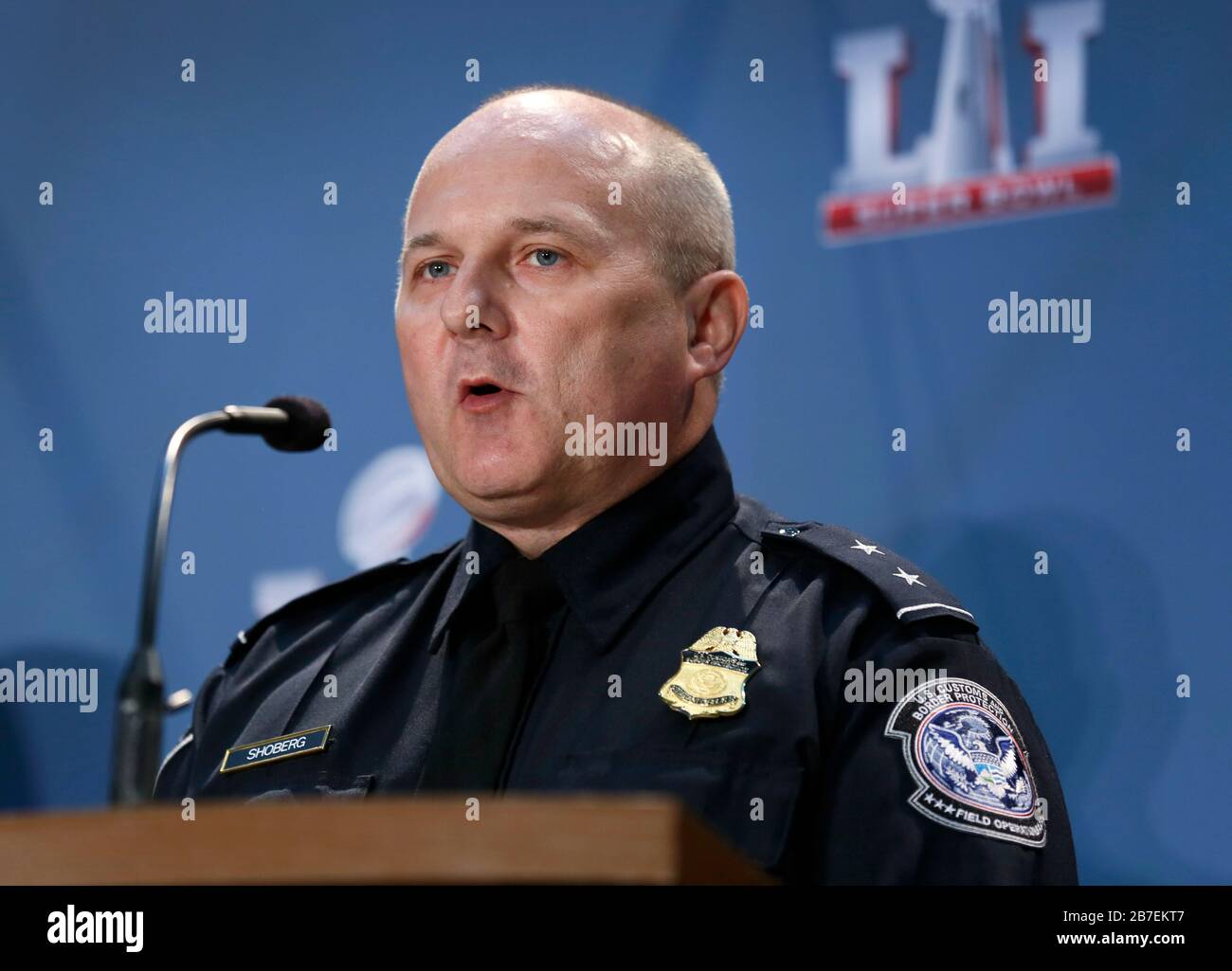 U.S. Customs and Border Protection Acting Director of Field Operations Erik Shoberg during a joint press conference on Operation Team Player at the George R. Brown Convention Center February 2, 2017 in Houston, Texas. Stock Photo