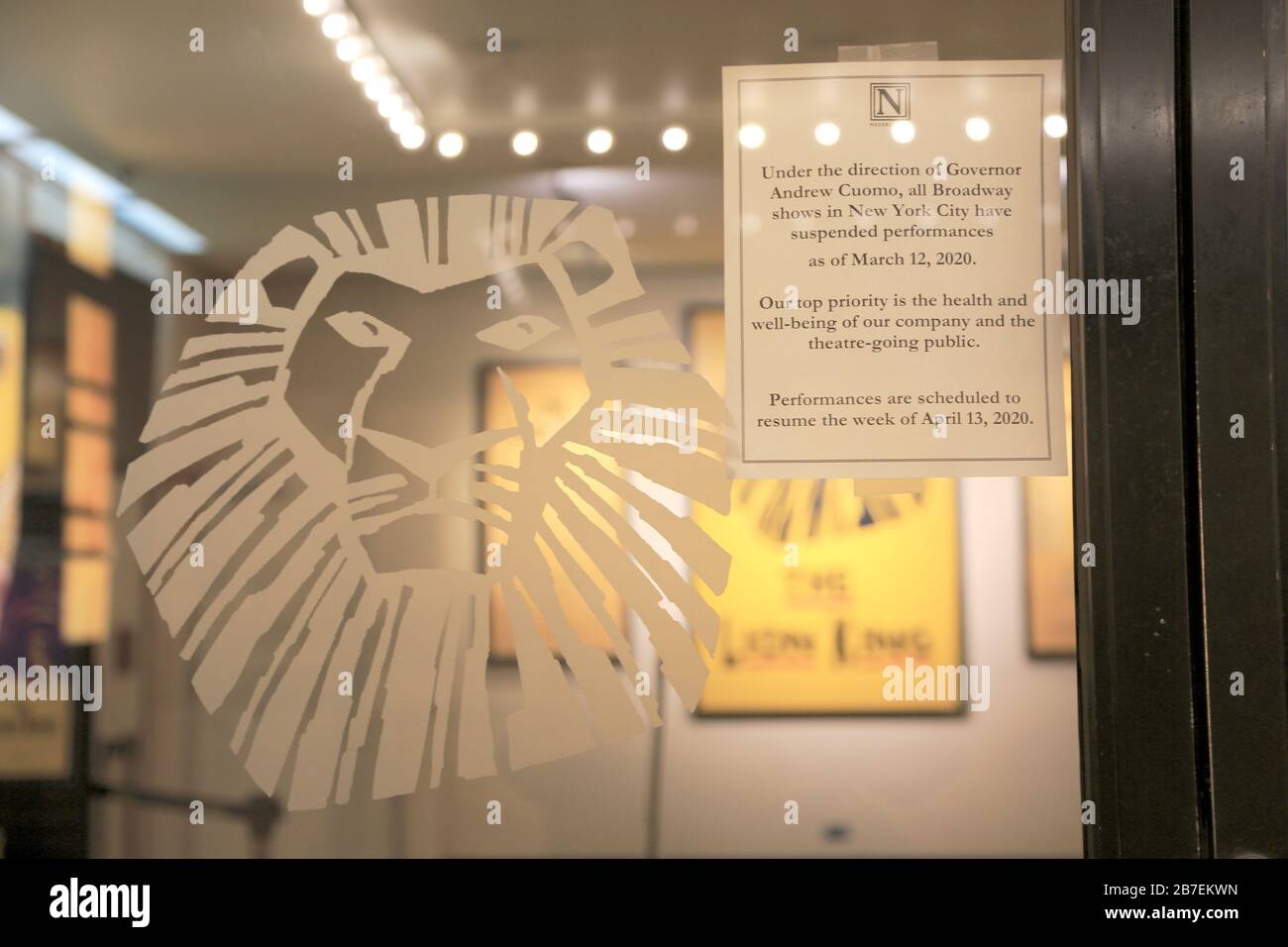 Sign Minskoff Theatre Lion King Closed Due To Cancellation Of Broadway Shows Until April 13 In Wake Of Coronavirus New York City March 15 2020 Stock Photo Alamy