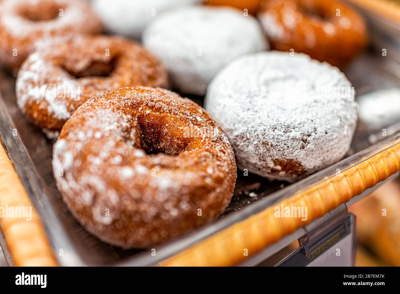 Brown plain cinnamon donuts and white powdered sugar closeup on bakery tray deep fried flavor with holes Stock Photo