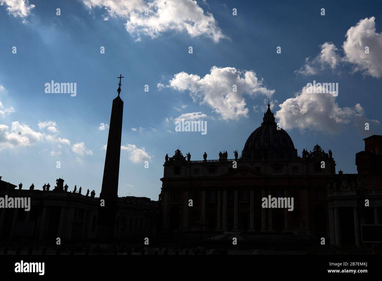 Roma, Italy. 15th Mar, 2020. The shape of the Vatican's Saint Peter Basilica, during the lockdown imposed nationwide by the Italian government that tries to tackle the coronavirus outbreak. Every movements in the citiies are restricted, and streets usually filled with life and traffic are almost empty (Photo by Giuseppe “Pino” Fama/Pacific Press) Credit: Pacific Press Agency/Alamy Live News Stock Photo