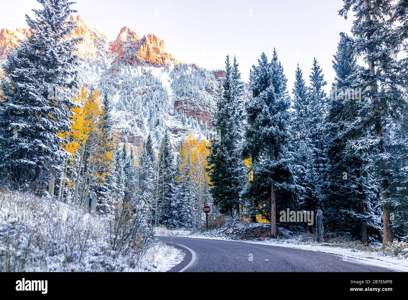 Maroon Bells Creek road in Aspen, Colorado rocky mountain with yellow