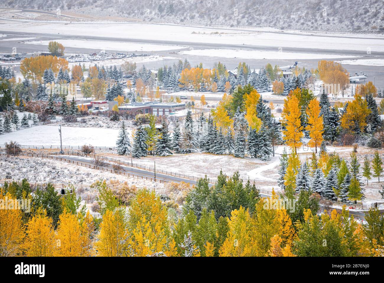 Aspen, Colorado town in rocky mountains roaring fork valley high angle view of airport during autumn season and snow in October 2019 Stock Photo