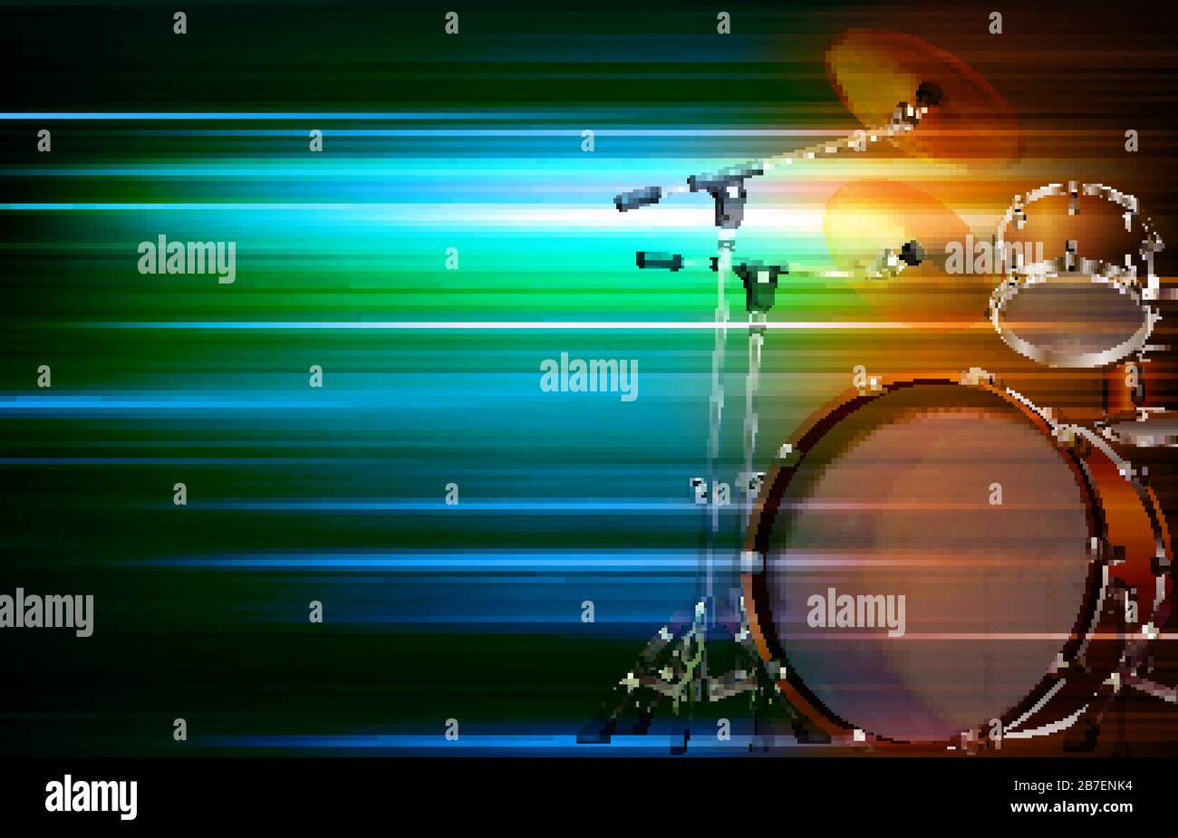 abstract green blur music background with drum kit Stock Vector