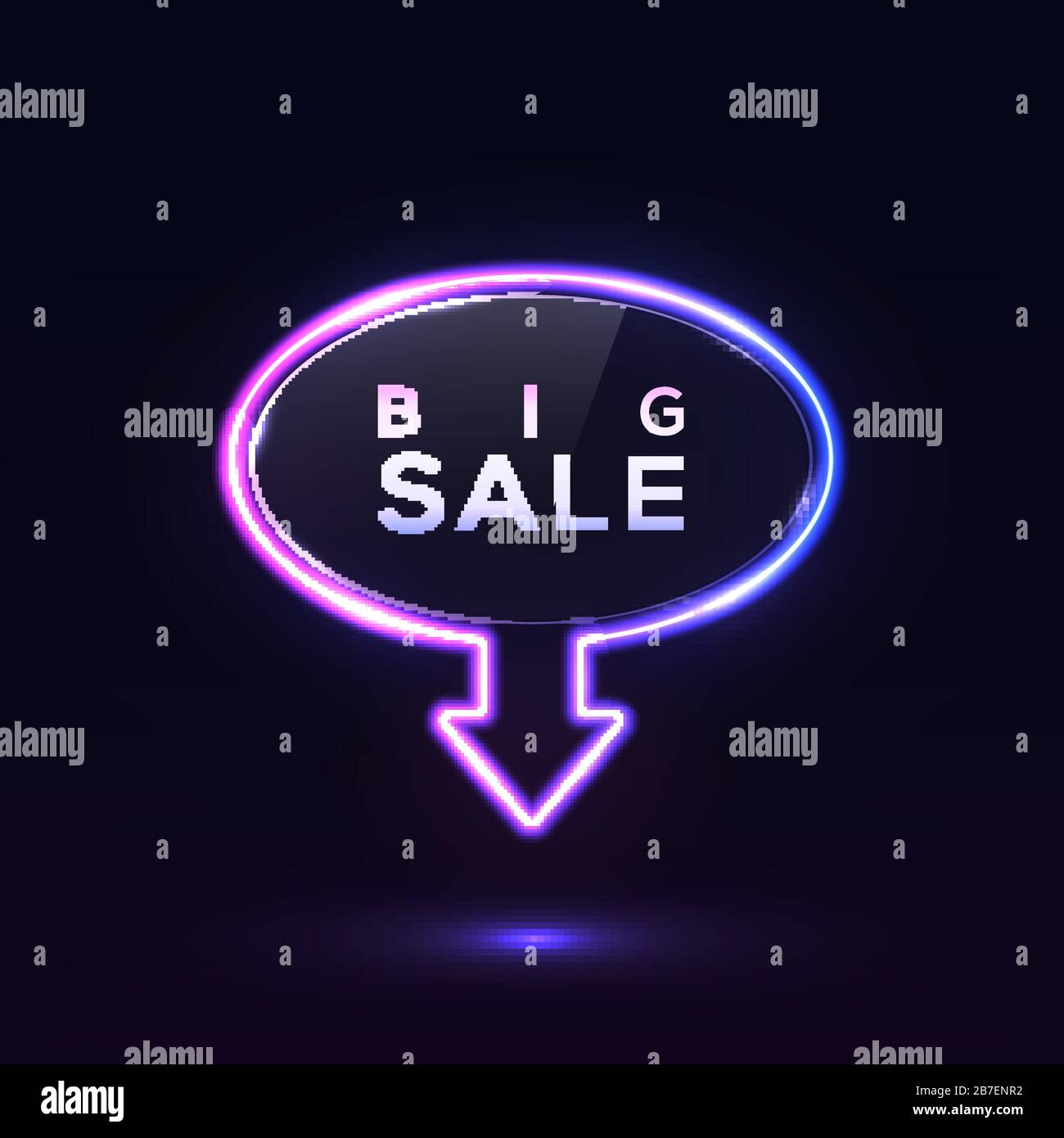 Big Sale glowing neon sign on dark blue background. Oval led arrow frame with glossy plastic plate. Light circle technology border for advertise, disc Stock Vector