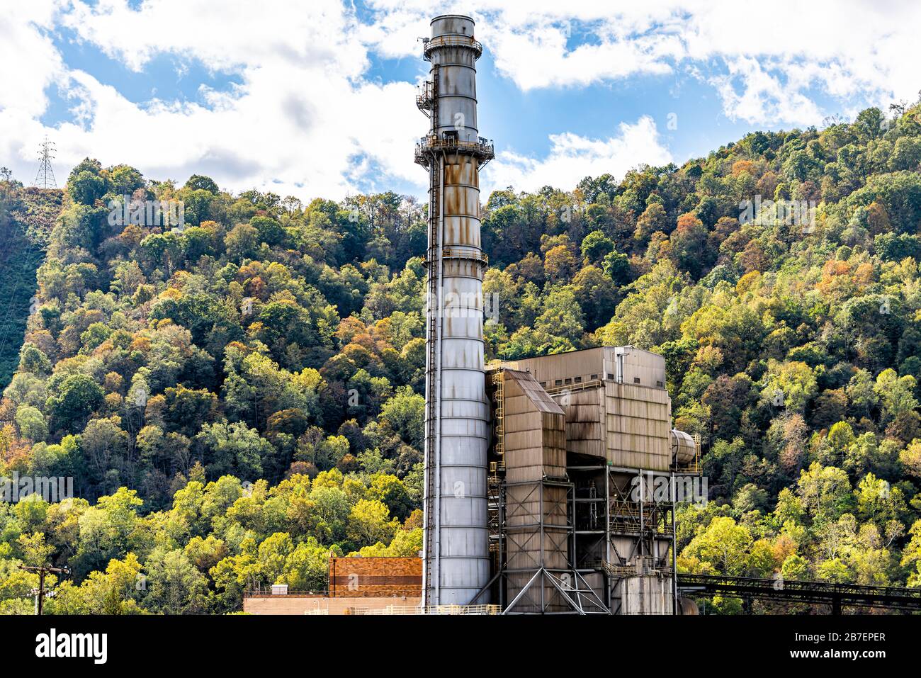 Charleston, West Virginia, USA city with industrial factory smoke stack coal pipe power plant exterior architecture closeup Stock Photo