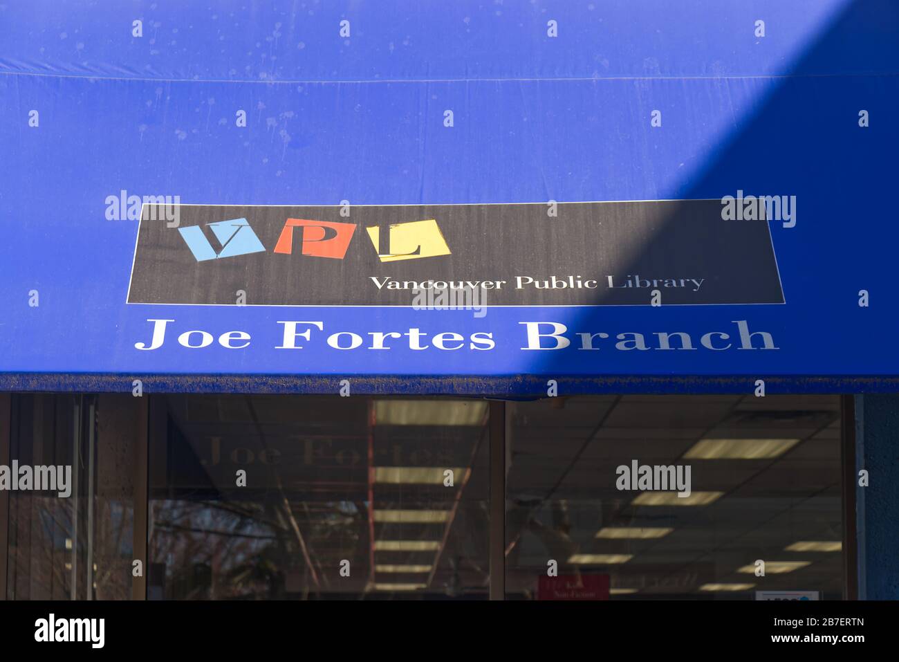 Vancouver, Canada - March 15, 2020: View of entrance of Vancouver Public Library 'Joe Fortes Branch' on 870 Denman Street in Vancouver Stock Photo
