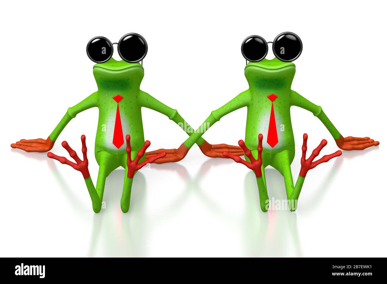 3D cartoon frogs with sunglasses on white background. Stock Photo