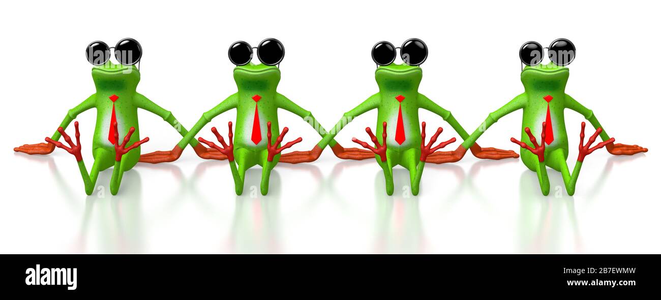 3D cartoon frogs with sunglasses on white background. Stock Photo