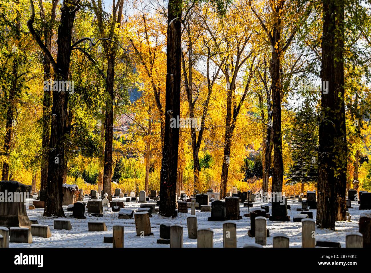 Aspen, USA - October 11, 2019: Small town city in Colorado with yellow autumn foliage trees and snow in city morning in Red Butte Cemetery Stock Photo