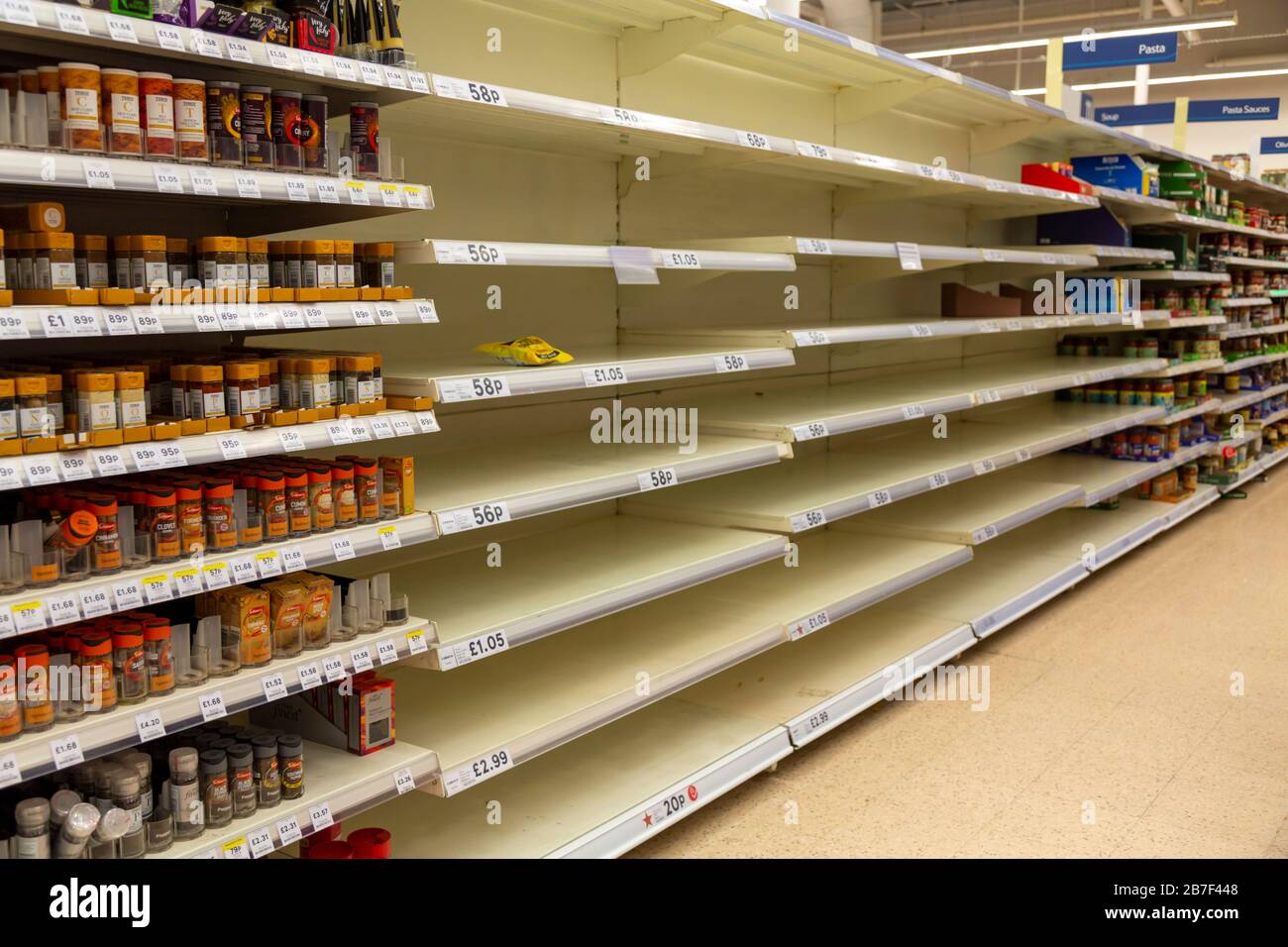 11 March 2020: Supermarket shortages - Pasta. Coronavirus fears have triggered panic buying leaving empty shelves in supermarkets across the United Kingdom/British Isles as people prepare for self-isolation and social distancing. Stock Photo