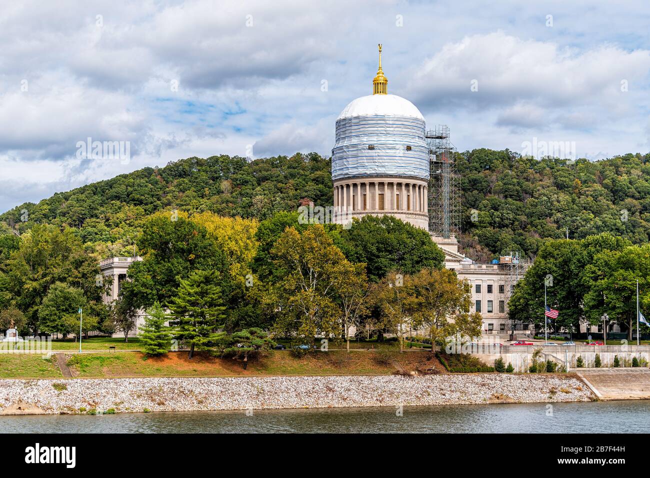 Charleston, USA - October 17, 2019: Autumn in West Virginia capital city with Kanawha river and construction on state capitol Stock Photo