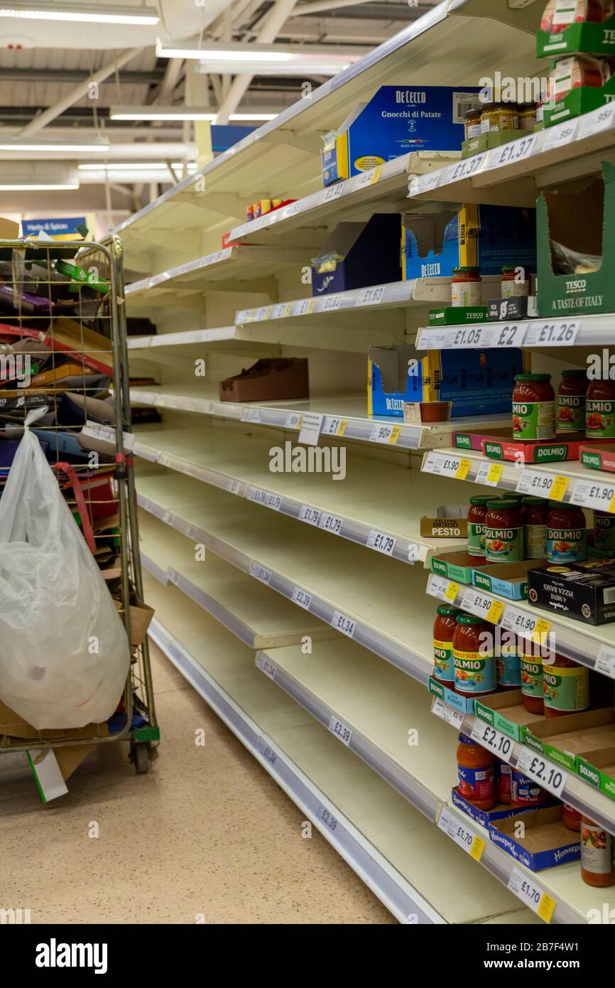 11 March 2020: Supermarket shortages - gnocchi. Coronavirus fears have triggered panic buying leaving empty shelves in supermarkets across the United Kingdom/British Isles as people prepare for self-isolation and social distancing. Stock Photo