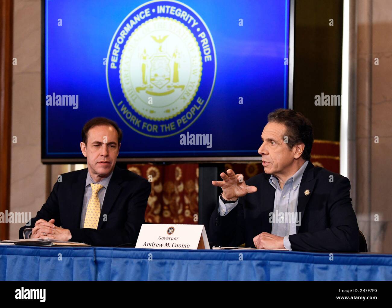 Albany,New York / United States 3/16/20 New York Gov. Andrew Cuomo gives an update on the Coronavirus during a news conference at the state Capitol. Stock Photo