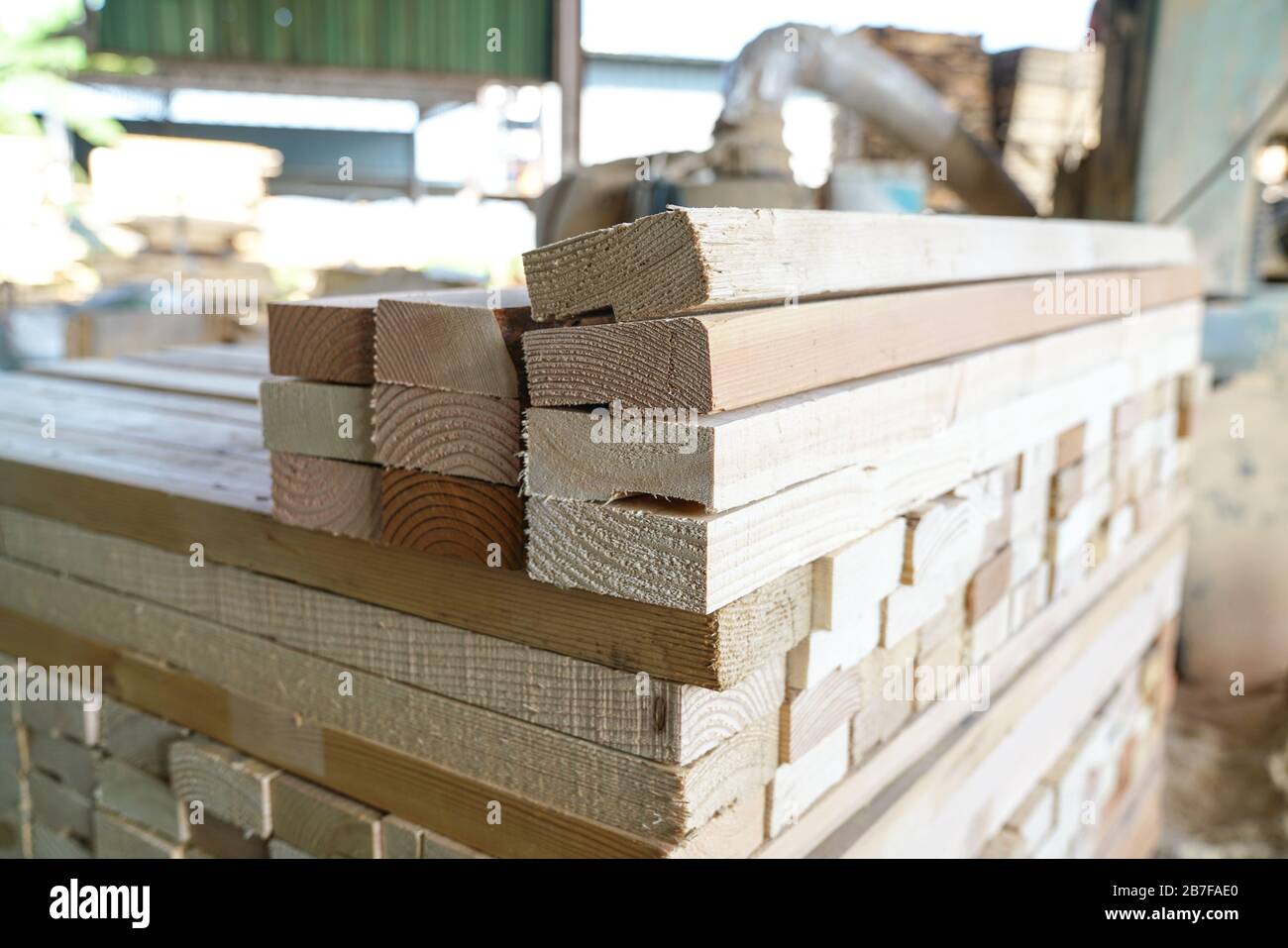 Pile of pine wood in a warehouse or storage room. Wood proceesing, wood for furniture Stock Photo