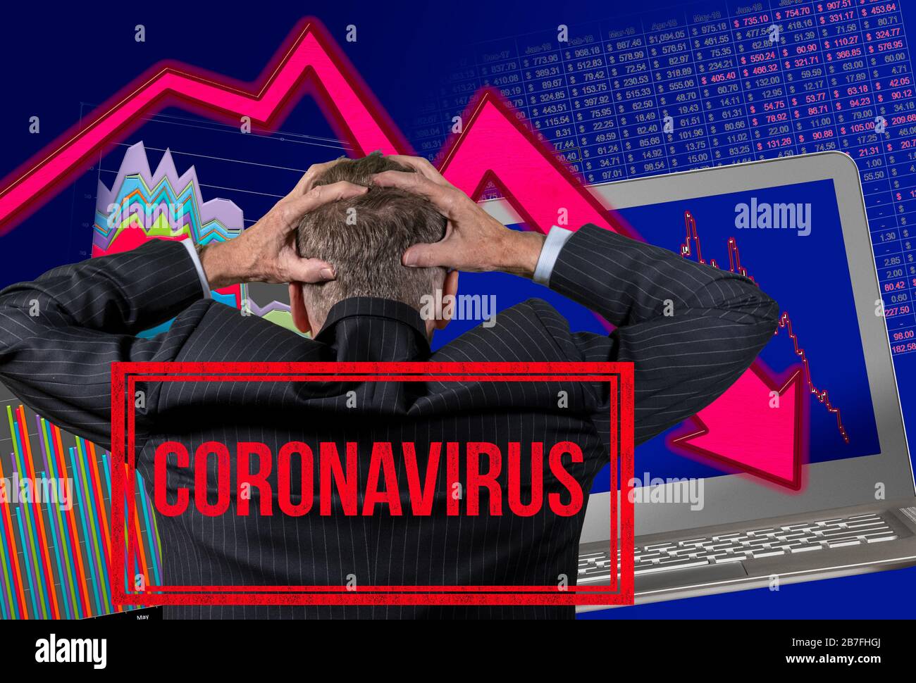 Back view of senior man worried by financial crisis and collapse of retirement savings in stock exchange due to coronavirus Stock Photo