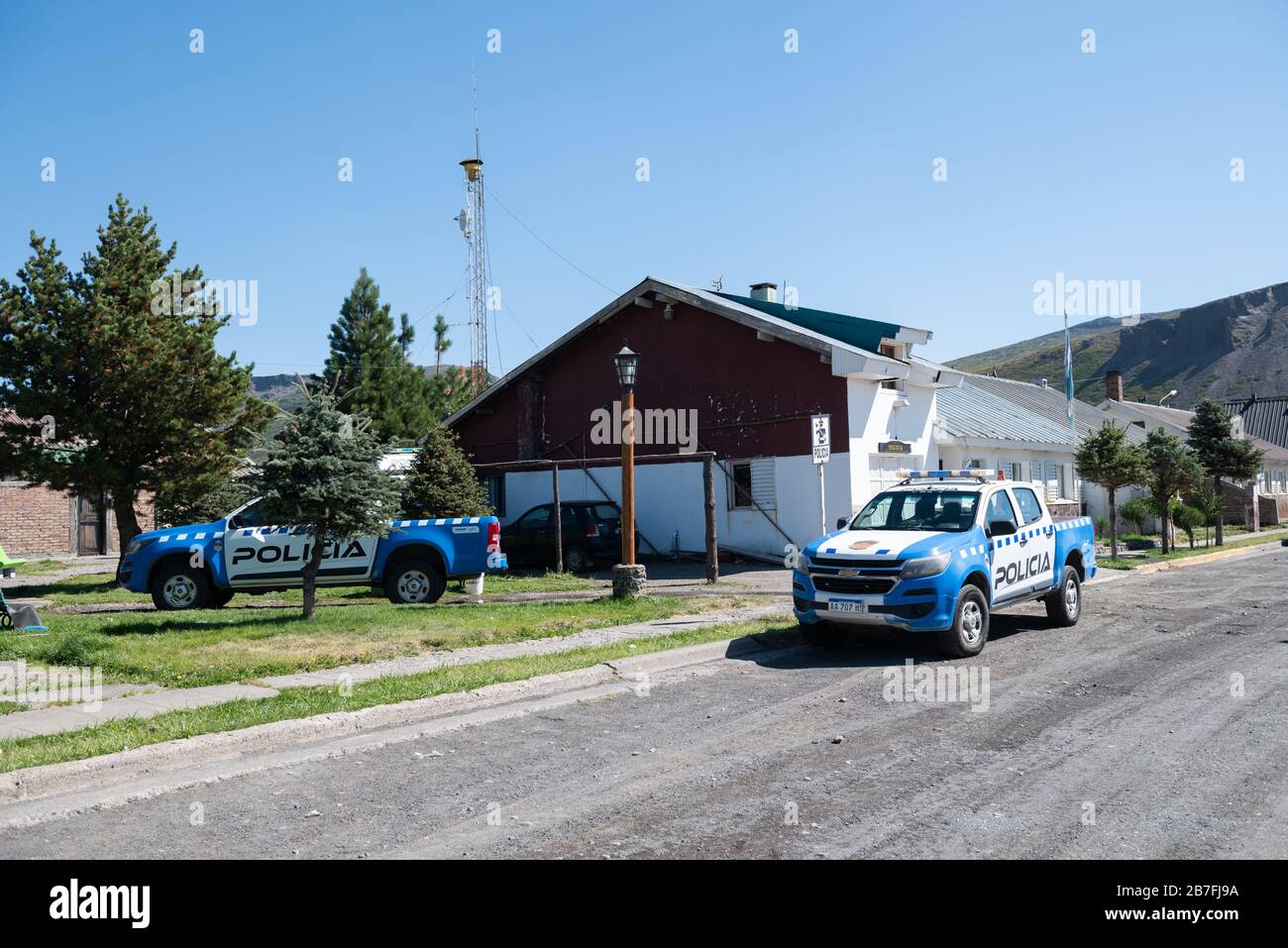 Caviahue, Argentina - March 03 2020: Facade and trucks of police department in Caviahue, Neuquén province. Stock Photo