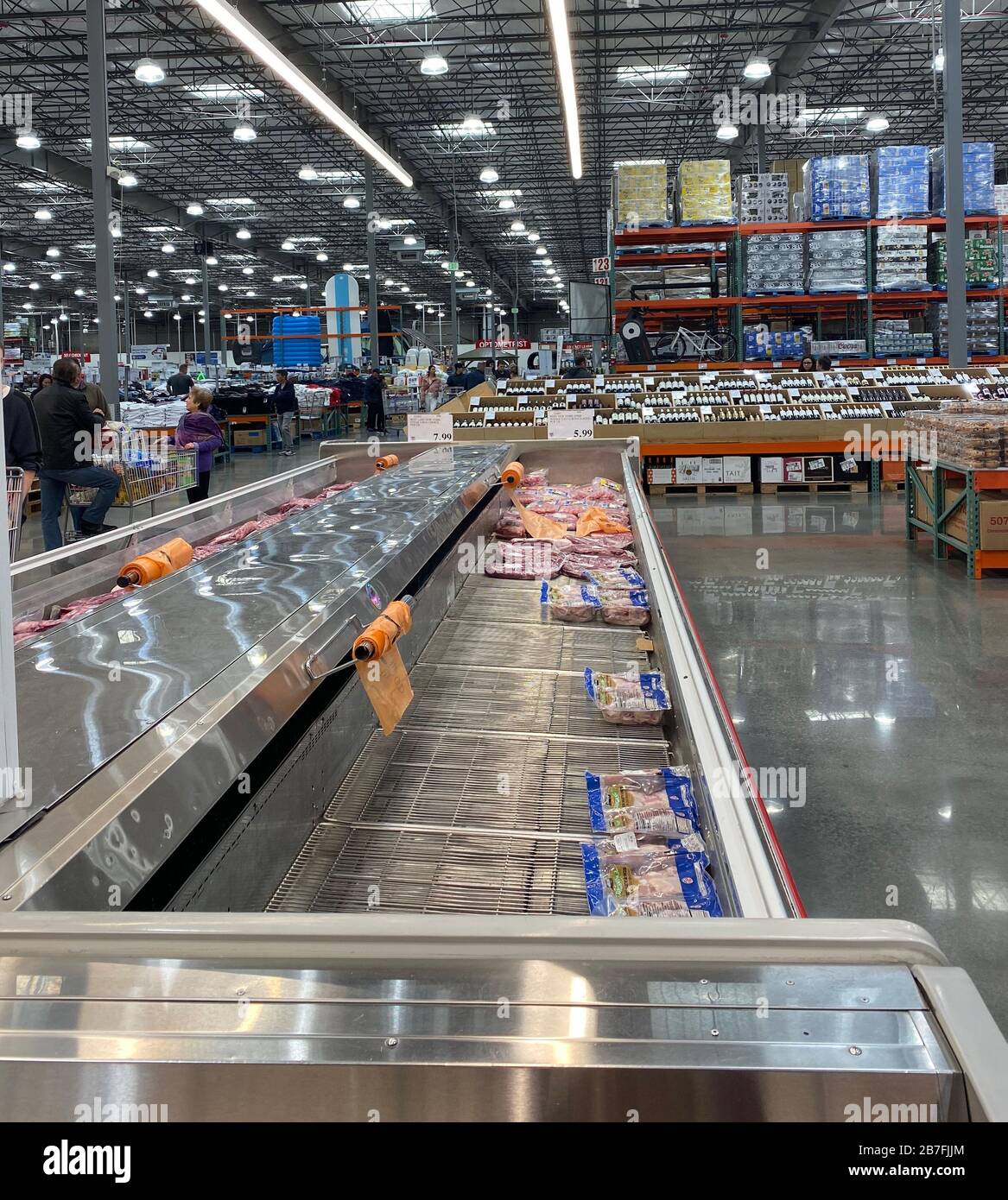 Santa Barbara, California, USA. 15th Mar, 2020. Empty Meat Shelves at Costco, Goleta (Santa Barbara, CA). A run on meat, water and toilet paper as fears of the Covid-19 virus and a possible national mandatory quarantine send residents flocking to Costco to stock up. Credit: ZUMA Press, Inc./Alamy Live News Stock Photo