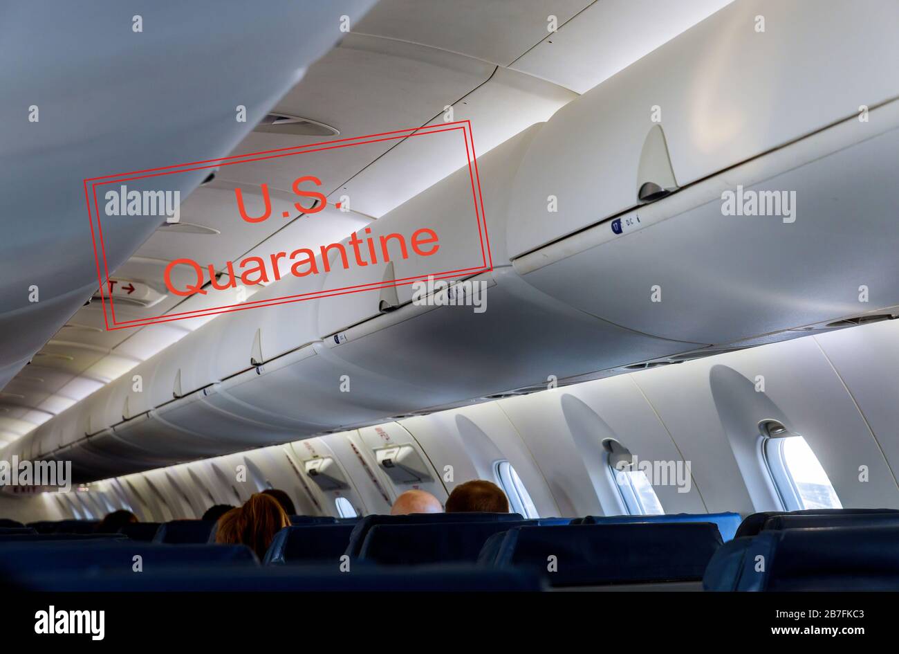 Canceled travel US quarantine with coronavirus COVID-19 interior passenger airliner cabin, of the aircraft during the flight of tourists flying into a airplane inside interior Stock Photo
