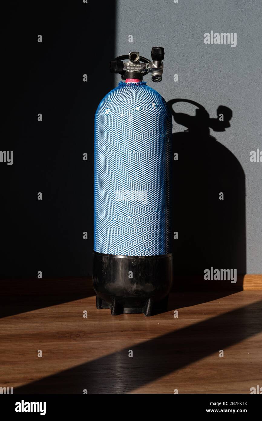 Scuba diving tank double valve with net on Stock Photo Alamy