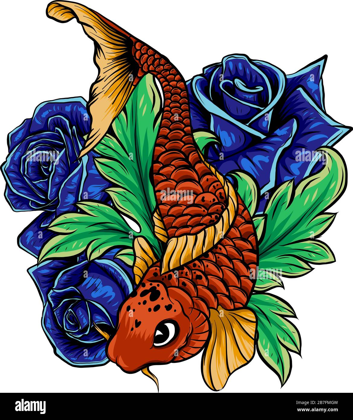 Koi Fish and Hibiscus Line vector illustration Stock Vector