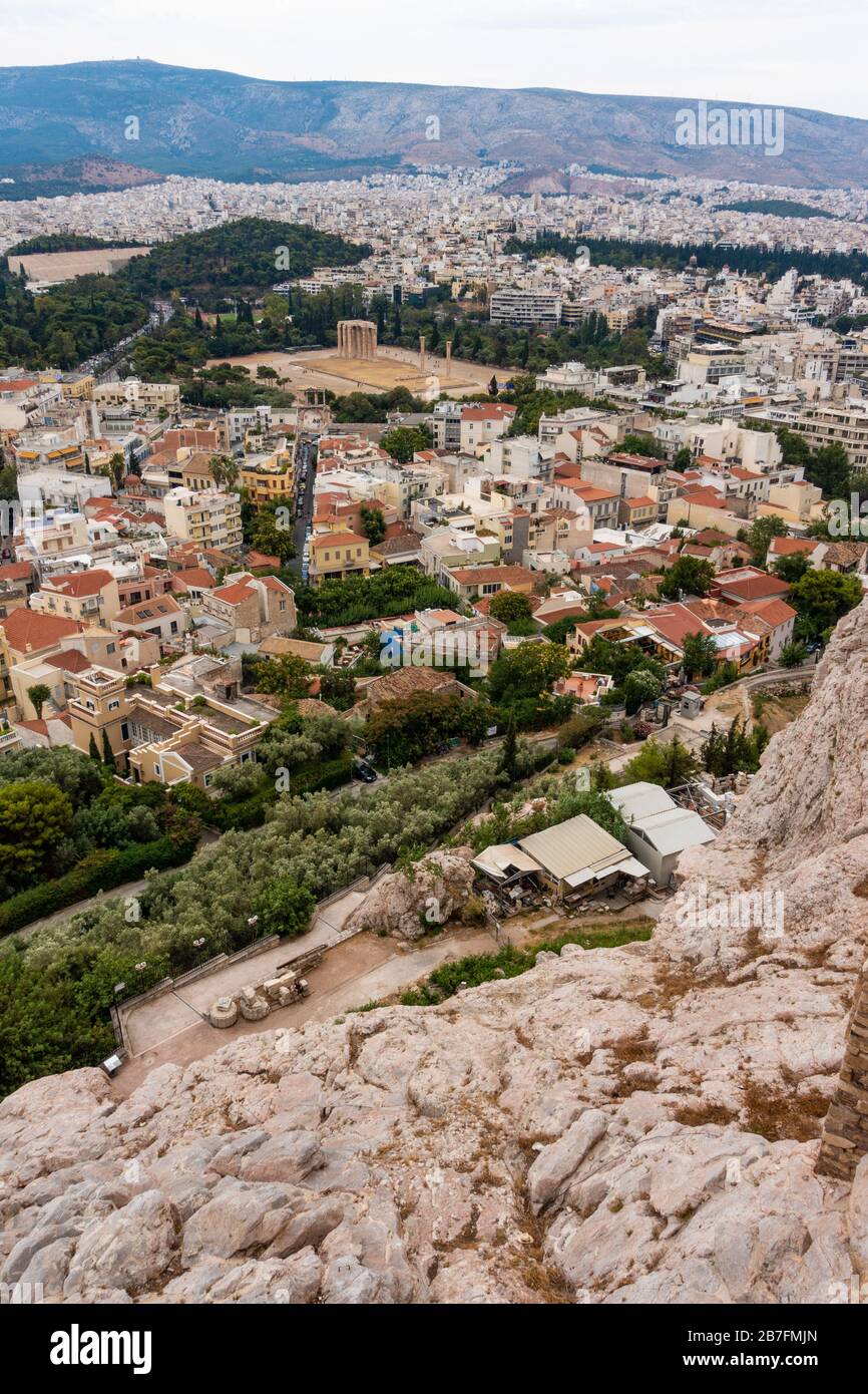 A view of the Temple of Olympian Zeus, as seen from atop the Acropolis of Athens, Greece Stock Photo