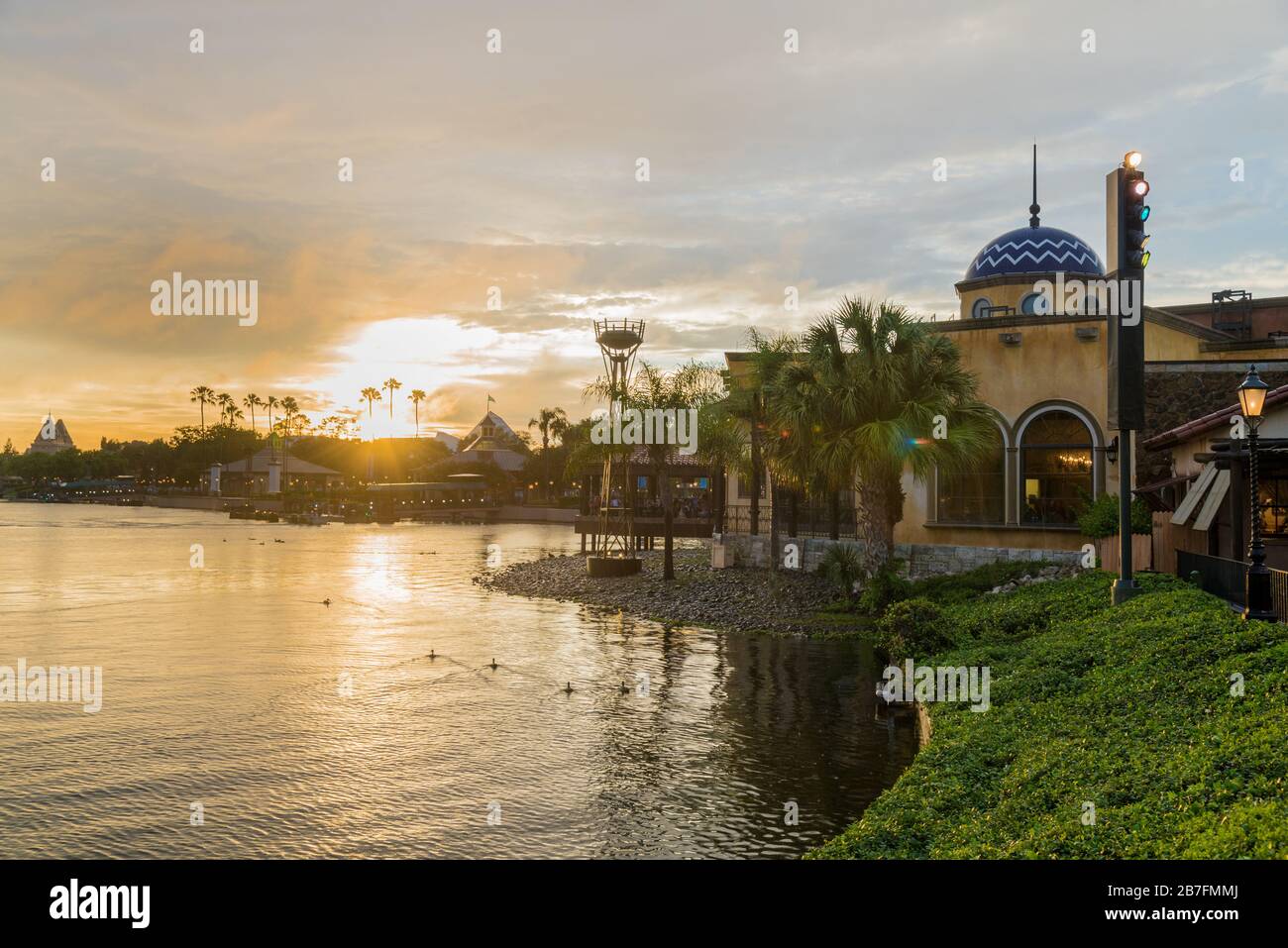 Beautiful view of Epcot during evening in Disney parks in Orlando Florida USA Stock Photo