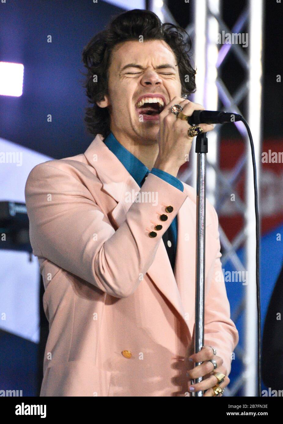NEW YORK, NY, USA - FEBRUARY 26, 2020: English Singer-Songwriter Harry Styles Performs on NBC's 'Today' Show Concert Series at Rockefeller Plaza. Stock Photo