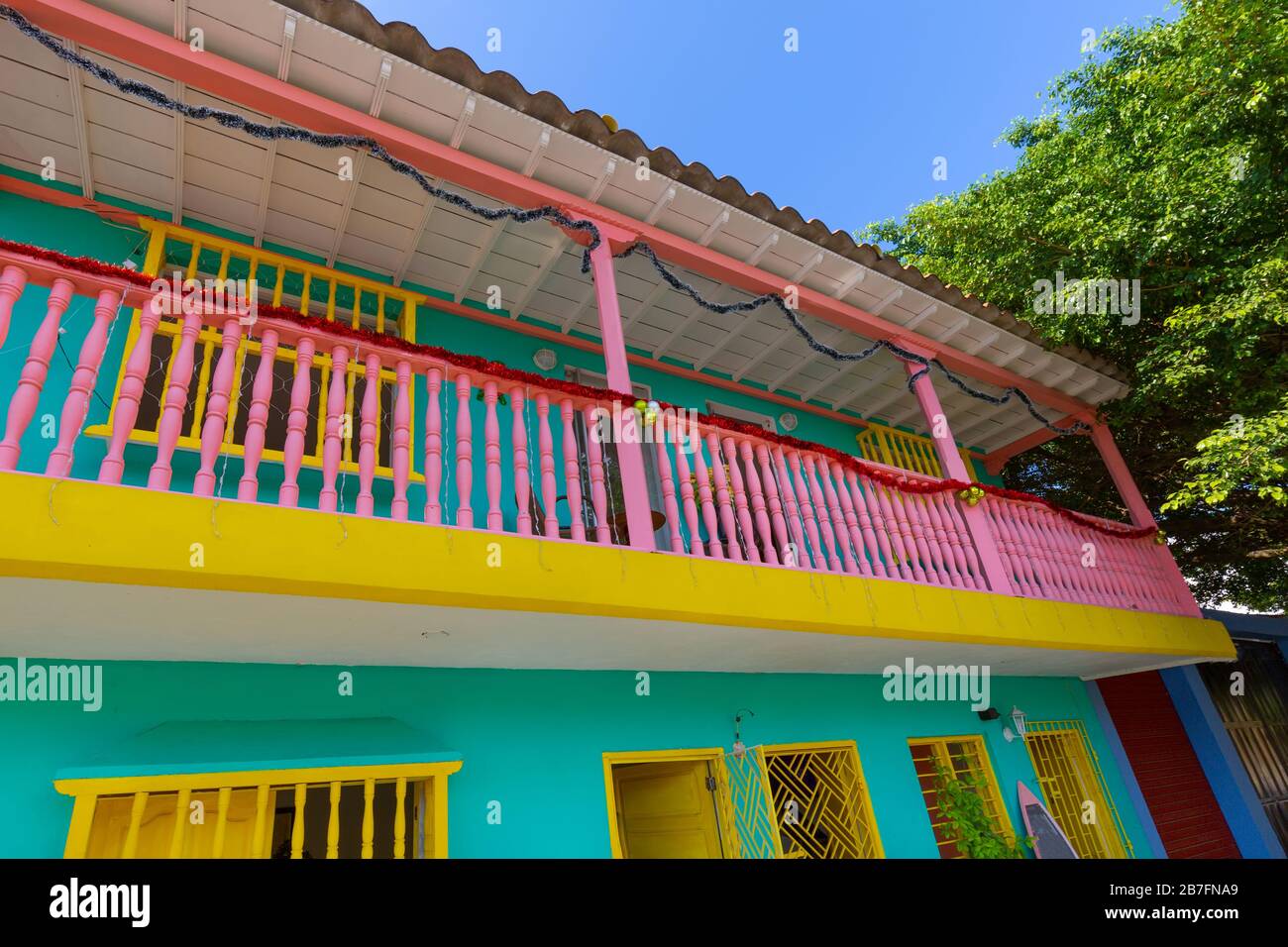 Colombia, Scenic colorful streets of Cartagena in historic Getsemani district near Walled City (Ciudad Amurallada) Stock Photo