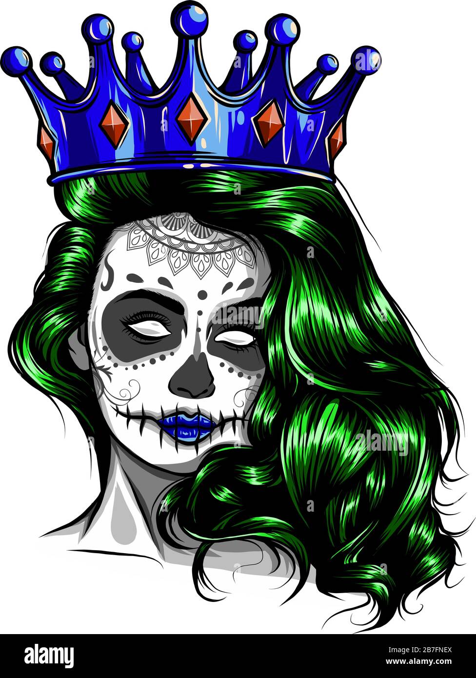 Female skull with a crown and long hair. Queen of death drawn in tattoo style. Vector illustration. Stock Vector