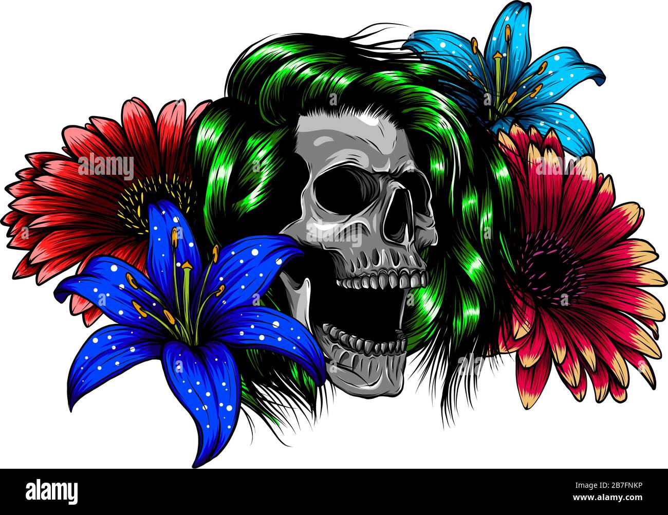 Human skull and flower wreath. Los muertos. Vector illustration. Stock Vector