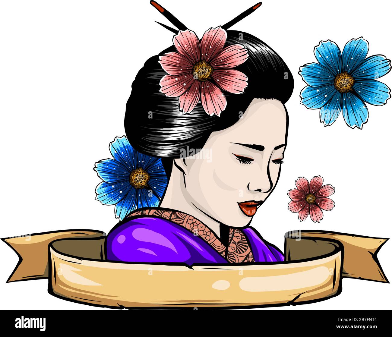 geisha among blooming flowers vector illustration design Stock Vector