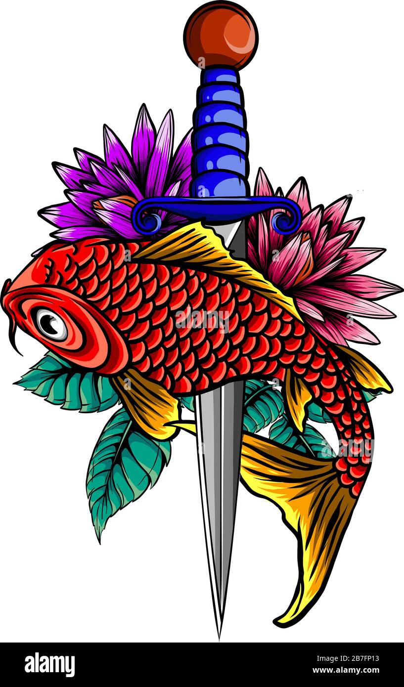 hand drawn koi fish with flower tattoo for Arm.Colorful Koi carp with Water splash,lotus and peony flower. Stock Vector
