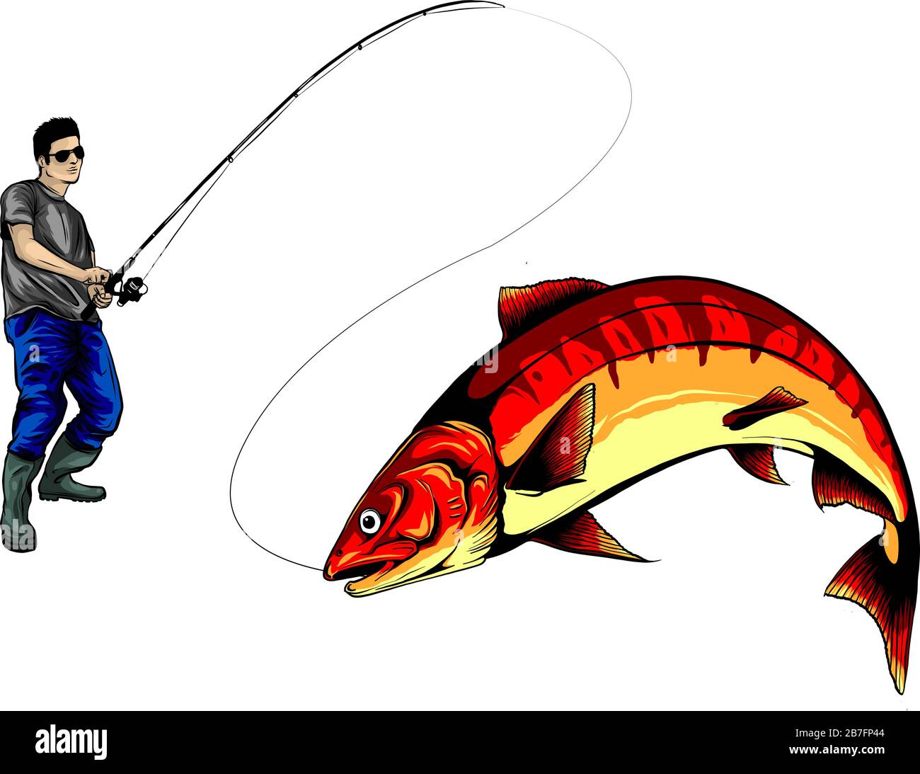 The fisherman is fishing. A man with a fishing rod pulls a big fish.  Fishing concept. Isolated. Vector. 5117701 Vector Art at Vecteezy