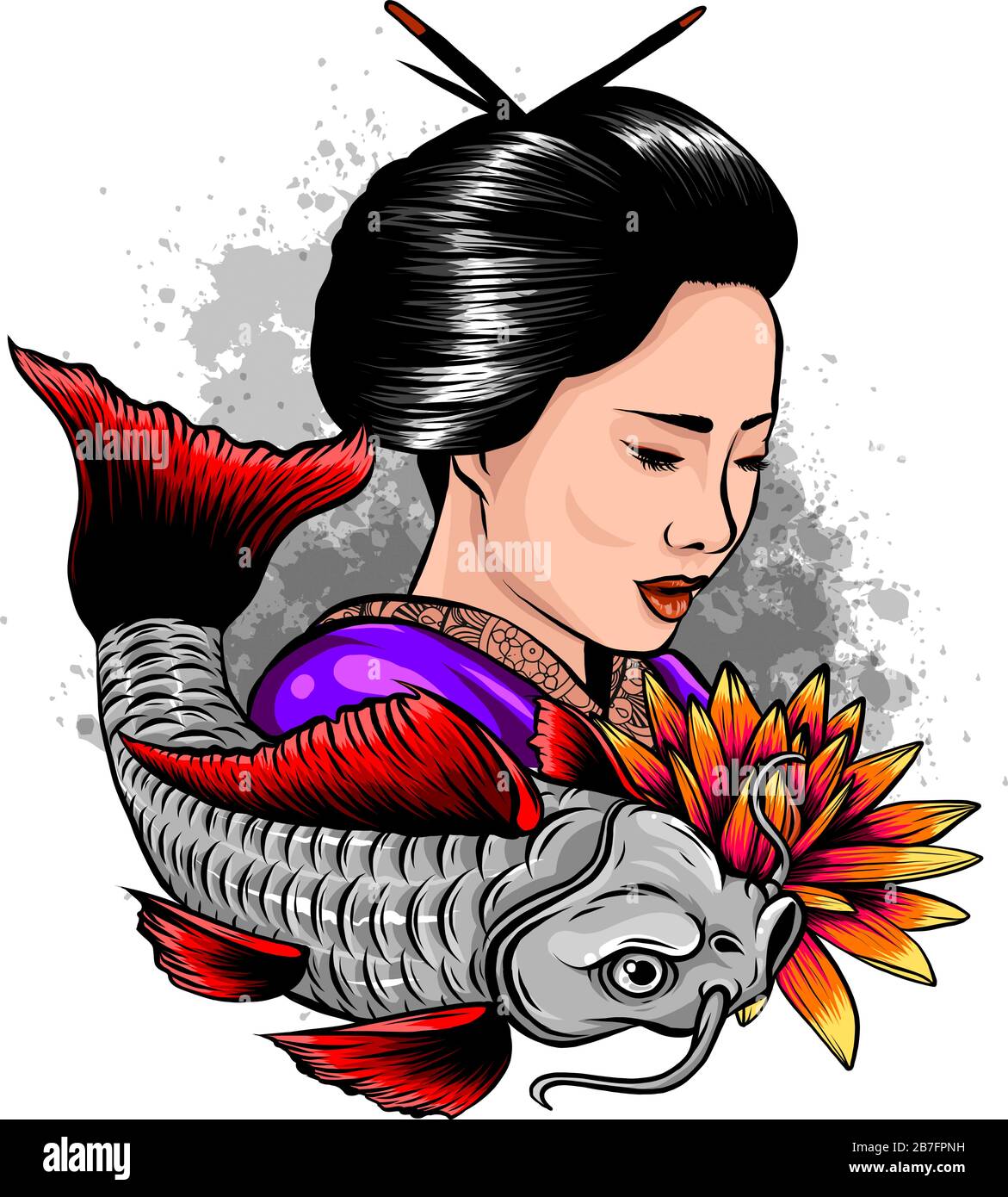 Beautyful Geisha women with koi carp fish.hand drawn and doodle style.Japanese Stock Vector