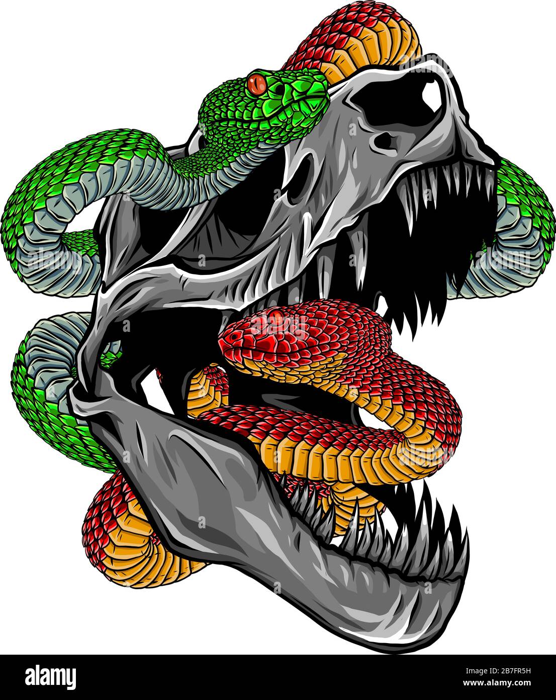 Vector skeleton of Tyrannosaurus rex T-rex with snakes on isolated background . Stock Vector