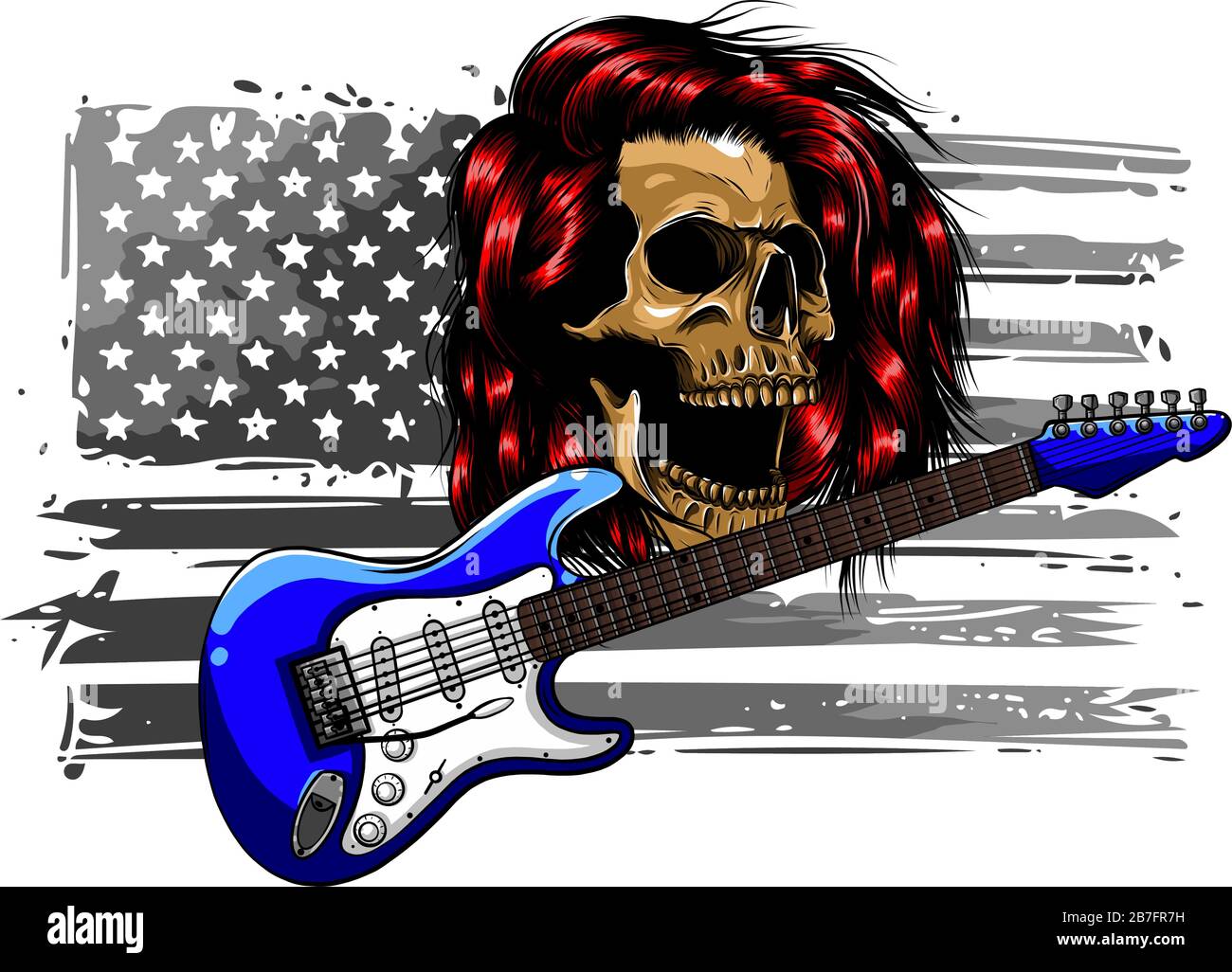 Human skull and electric guitar. Symbol of rock, musical festivals Stock Vector